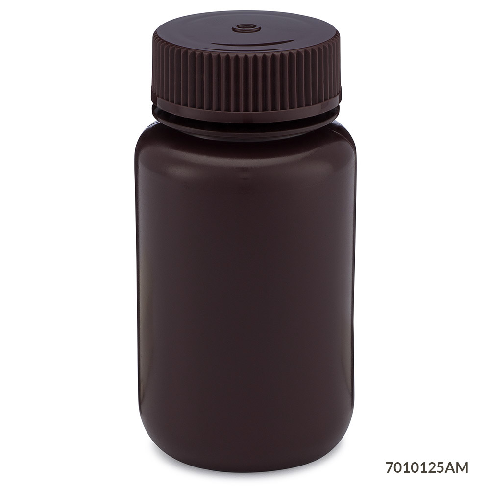 Globe Scientific Bottle, Wide Mouth, HDPE Bottle, Attached PP Screw Cap, Amber, 125mL, 12/Pack Image